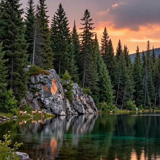 Sunset over Pine Forest Lake with Deer