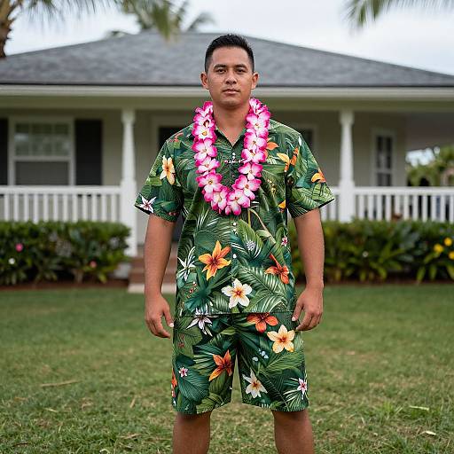Photograph of a young Asian man in a green floral shirt and shorts, wearing a pink and white flower lei, standing in front of a white house