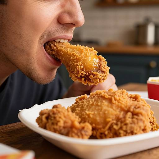 Close-up photograph of a man with fair skin and short brown hair, mouth open, biting crispy golden-brown fried food from a white plate. Bl