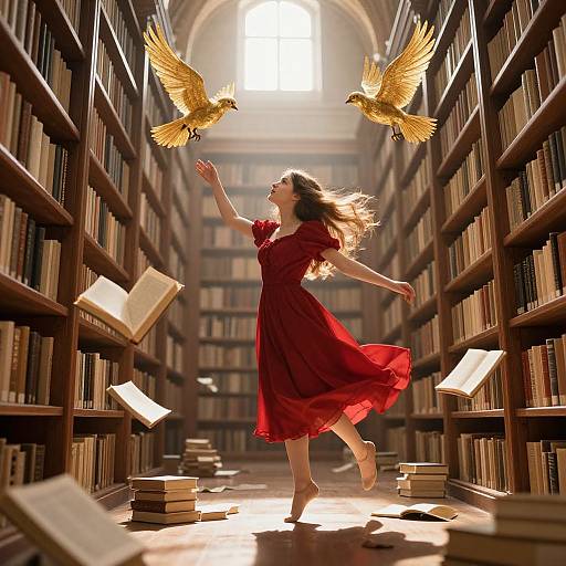 Photograph of a woman in a flowing red dress, dancing between towering bookshelves, with two golden birds flying above her in a sunlit library
