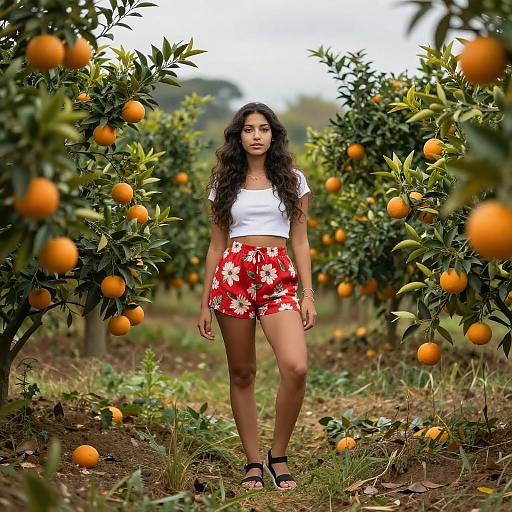 Photograph of a young woman with long curly hair, wearing a white crop top and red floral shorts, standing in an orange tree orchard, surrounded