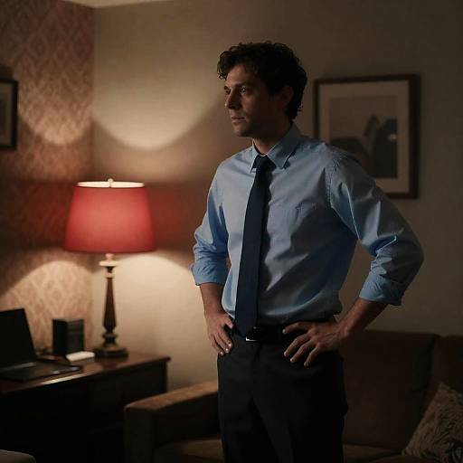 Man in Blue Shirt Standing in Dimly Lit Room