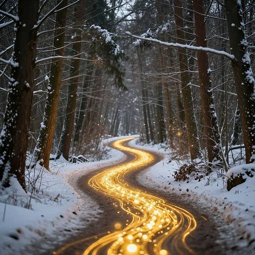 Photograph of a winding, snow-covered forest path illuminated by glowing, orange light trails from a moving vehicle, creating a magical, ethereal effect.