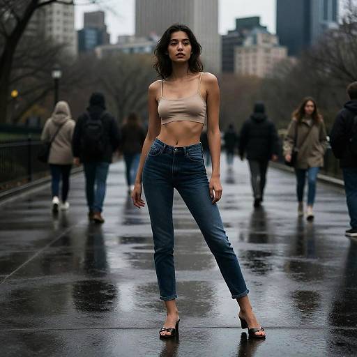 Slim Woman Posing in Central Park on Rainy Day