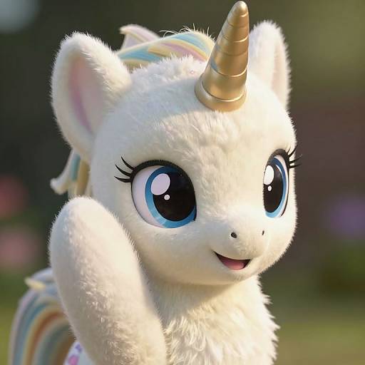 Photorealistic CGI of a cute, white, fluffy unicorn with large blue eyes, a golden horn, and a rainbow-striped mane, smiling against a