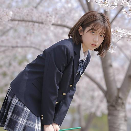 Asian Schoolgirl in Navy Blazer by Cherry Blossoms