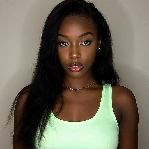 Photograph of a young Black woman with dark skin, long straight black hair, wearing a neon green tank top, subtle makeup, and small hoop earrings