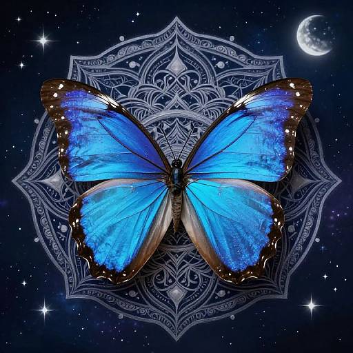 Digital art of a vibrant blue butterfly with black and gold accents, centered on a detailed mandala against a starry night sky with a crescent moon
