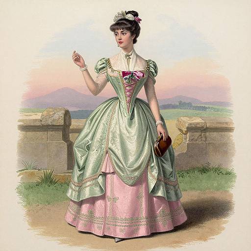 Digital illustration of a Victorian woman in a green and pink, corseted gown with puffed sleeves, holding a brown fan, standing by a stone