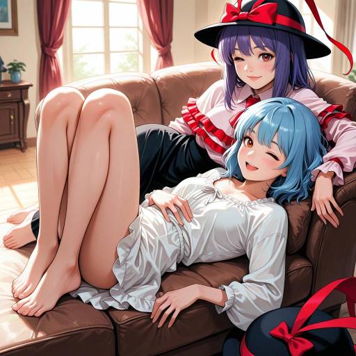 Girls Relaxing on Couch with Style