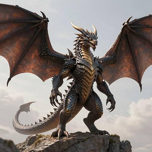 CGI dragon standing on rocky ledge with large, dark brown, leathery wings, black and gold-scaled body, sharp horns, and menacing