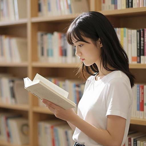 Young Asian woman with long black hair, wearing a white t-shirt, reads a book in a sunlit library with wooden bookshelves. Photograph.