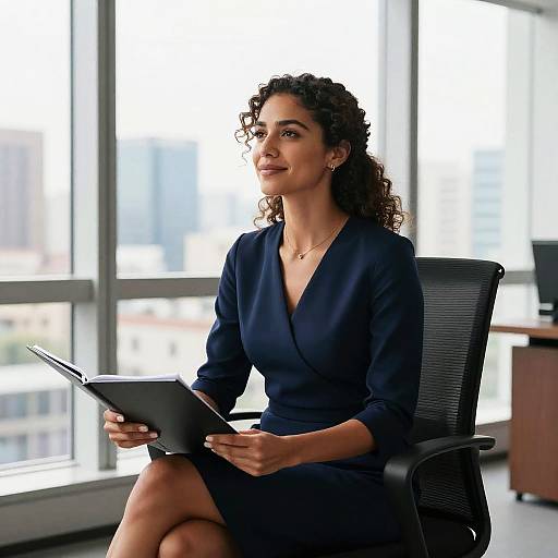 Professional Woman in Navy Dress Holding Folder