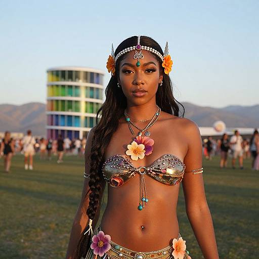 Photograph of a beautiful, dark-skinned woman with long black hair, wearing a silver, flower-adorned bikini top and bottom, headpiece