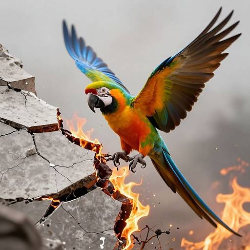 Vibrant parrot with blue, green, yellow, and orange feathers, wings spread, perched on burning branch against a foggy, gray