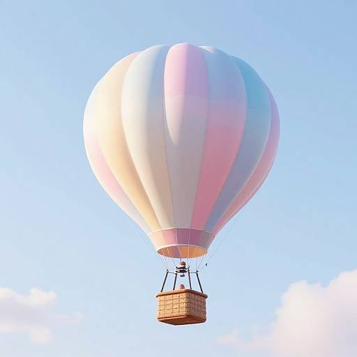 Photograph of a pastel-colored hot air balloon with pink, white, and light blue stripes, carrying a wicker basket, soaring against a clear