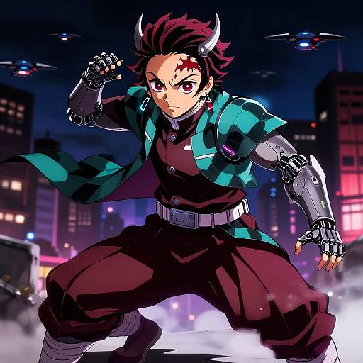 Cybernetic Demon Slayer in Neon Armor