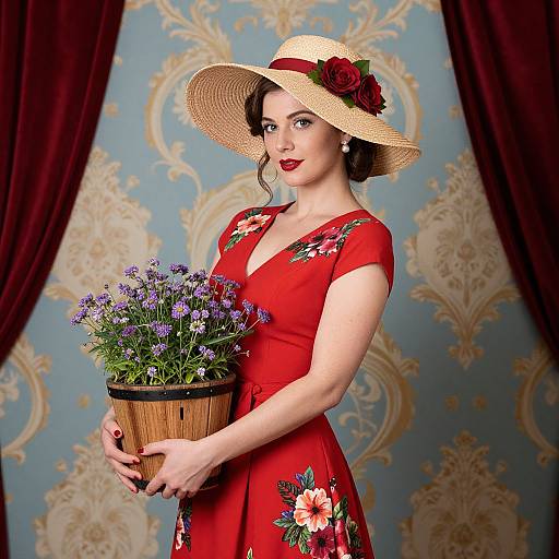 Vintage-style photograph of a fair-skinned woman with red floral dress, straw hat with red rose, holding lavender bouquet against blue damask wallpaper.