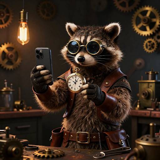 Steampunk Raccoon Tinkering Selfie Portrait