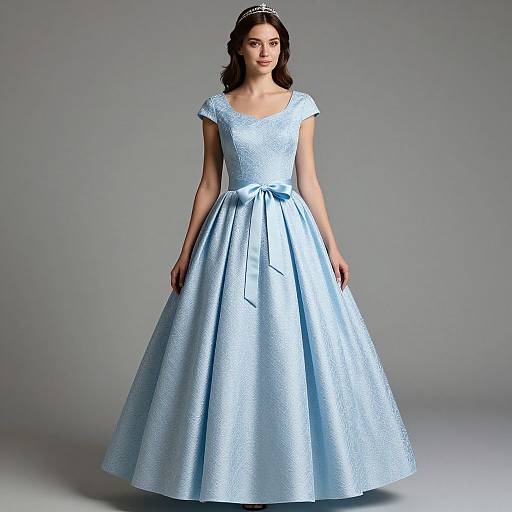 Photograph of a young woman in a light blue, textured ball gown with a V-neck, short sleeves, and a bow at the waist, wearing