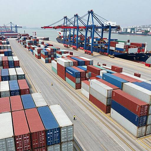 Photograph of a bustling container port with colorful shipping containers stacked in rows, blue cranes in the background, and a clear blue sky above.