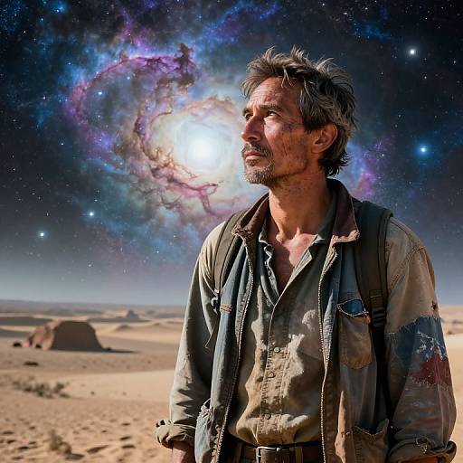 Photograph of a rugged, bearded man in a dirty, worn-out shirt and vest, gazing at a vibrant, cosmic galaxy against a desert