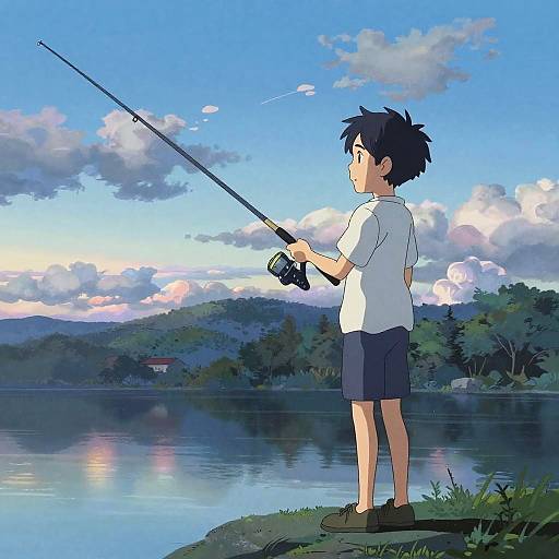 Anime-style drawing of a young boy with black hair, wearing a white shirt and blue shorts, fishing by a serene lake at sunset.