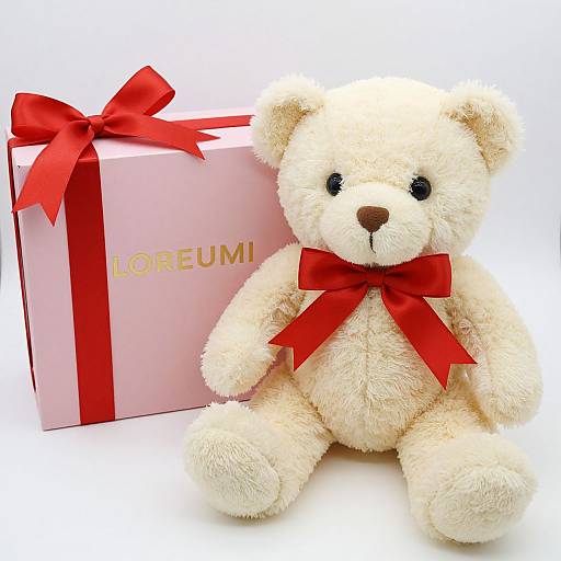 Photograph of a fluffy white teddy bear with a red bow, sitting beside a pink gift box with red ribbon and gold 