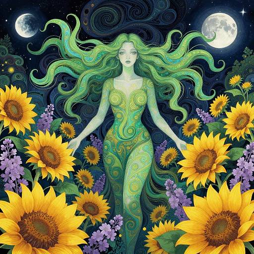 Surreal Mystical Woman Amid Sunflowers