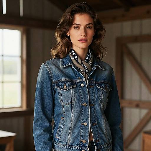 Photograph of a young woman with wavy brown hair, wearing a blue denim jacket over a patterned scarf, standing indoors in a wooden, rustic