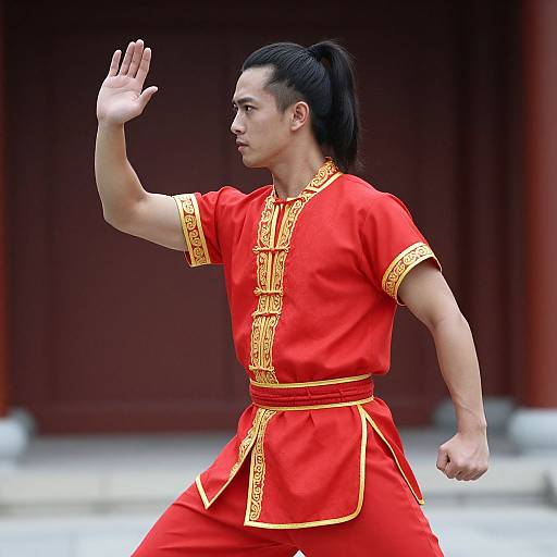 Photograph of an Asian martial artist in a red, gold-trimmed traditional uniform, mid-movement, raising his right hand, with a focused