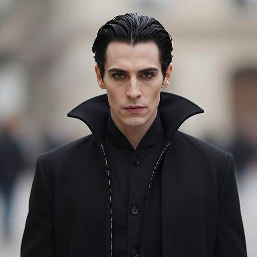 Photograph of a serious-looking, pale-skinned man with black hair, wearing a black coat with a high collar, set against a blurred urban background