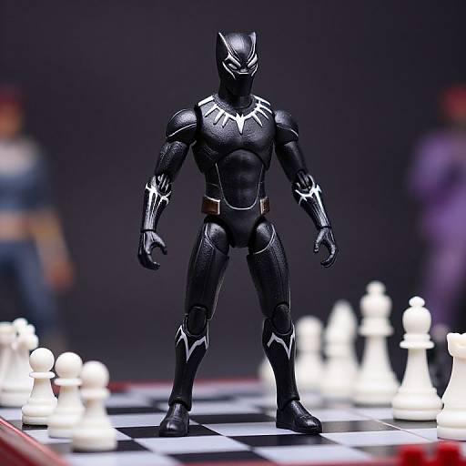 Photograph of a black, muscular action figure with white accents, standing on a chessboard, surrounded by blurred white chess pieces. Dark background.