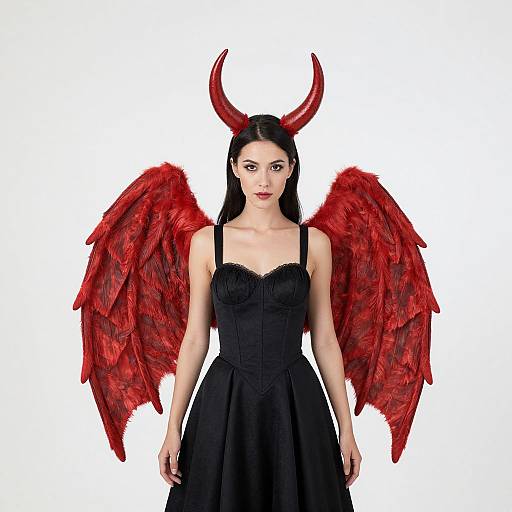 Photograph of a pale-skinned woman with long black hair, wearing a black corset dress, red feathered wings, and red horned head