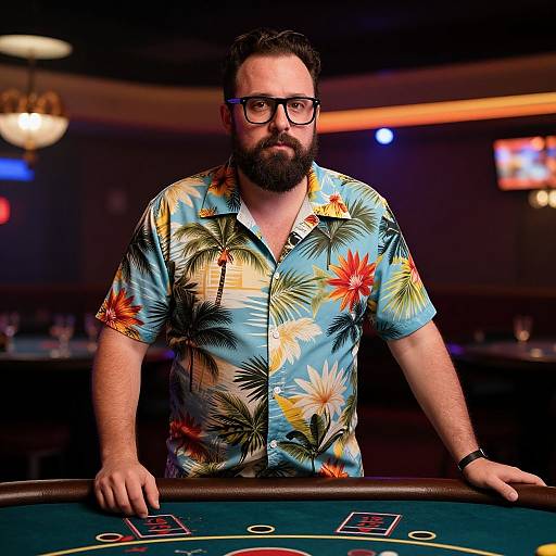Photograph of a bearded man with black-rimmed glasses, wearing a colorful Hawaiian shirt, leaning over a poker table in a dimly lit