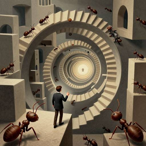 Photograph of a surreal scene: a man in a suit stands at the bottom of a spiraling staircase, surrounded by large ants, ascending towards a