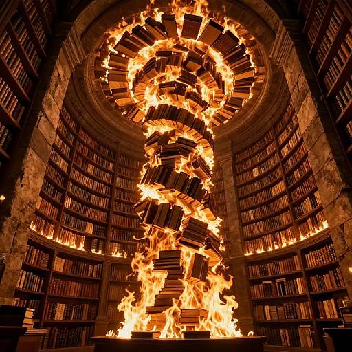 Photograph of a fiery spiral of burning books ascending from a central fire pit within a circular library filled with bookshelves.