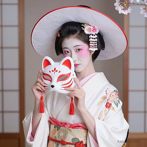 Elegant Japanese Woman with Fox Mask