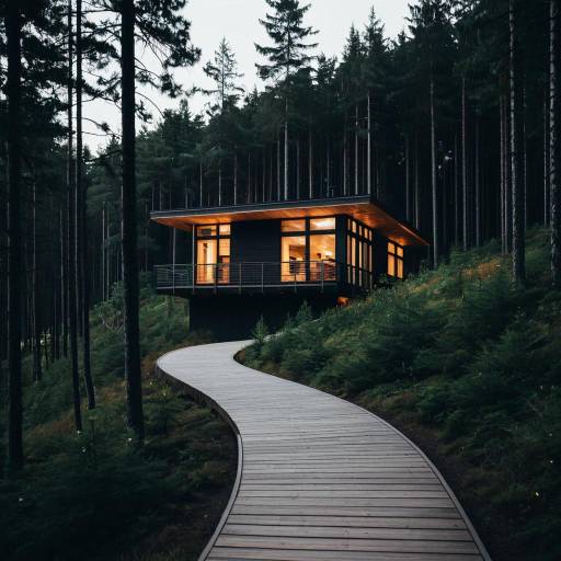 Modern House in Spruce Forest at Dusk