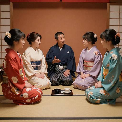 Traditional Japanese Circle in Colorful Kimonos
