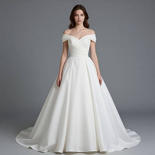 Photograph of a young woman with fair skin and dark brown hair, wearing an off-the-shoulder white satin wedding gown with a V-neck and