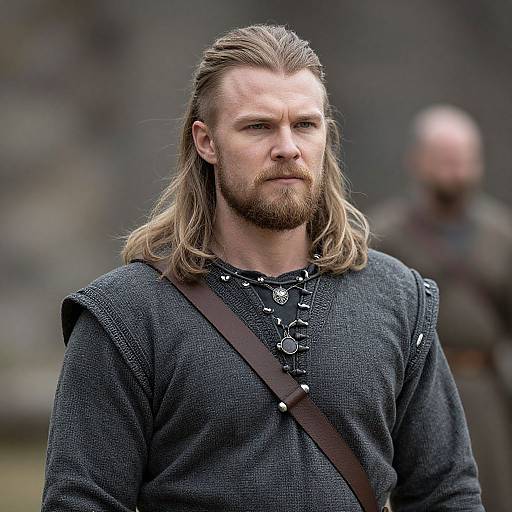 Photograph of a muscular, blonde-haired man with a beard, wearing a dark medieval tunic with a leather strap, standing outdoors with a blurred background