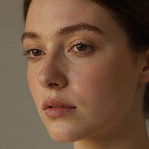 Close-up photograph of a young woman with fair skin, brown eyes, and natural makeup. She has subtle freckles, dark eyebrows, and her