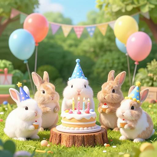 Photorealistic CGI: Five fluffy bunnies in blue and white party hats, sitting around a birthday cake with candles on a grassy lawn,