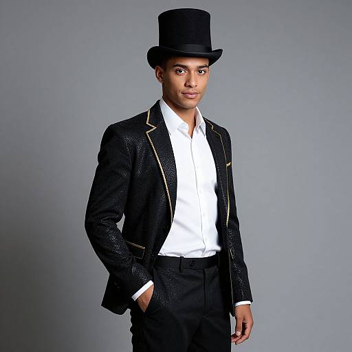 Photograph of a young Black man with medium brown skin wearing a black textured suit with gold trim, white shirt, and black top hat, standing against