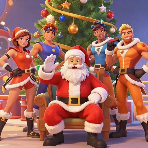 CGI Christmas scene with Santa Claus in a chair, flanked by four muscular, festive-clothed friends, in front of a decorated tree.