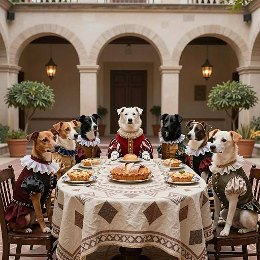 Dogs in Renaissance Clothing at Banquet Table