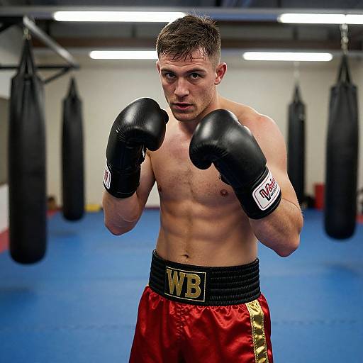 Photograph of a muscular, shirtless, brown-haired man in black boxing gloves and red satin shorts with a 