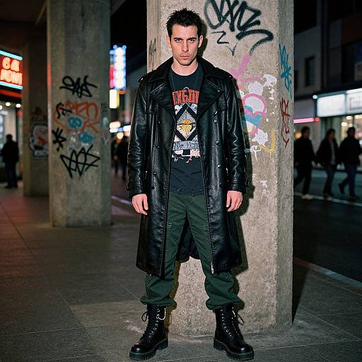Photograph of a man in a black leather coat, graphic t-shirt, and dark pants, standing against a graffiti-covered urban night scene.