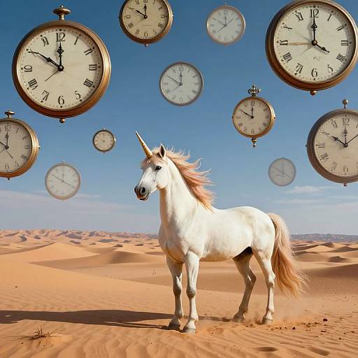Surreal Desert with Time-Warped Unicorn